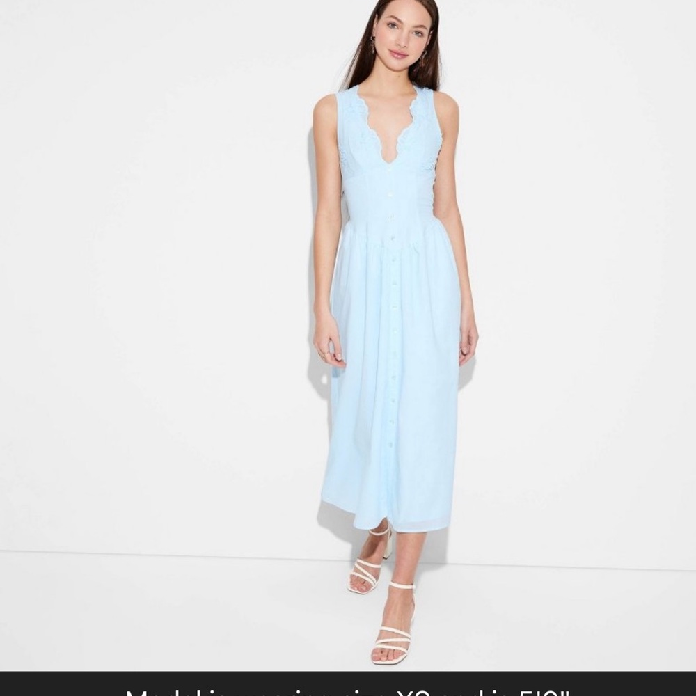 Wild Fable Light Blue Lace, Adjustable Straps, and Deep V Midi Dress / Size S